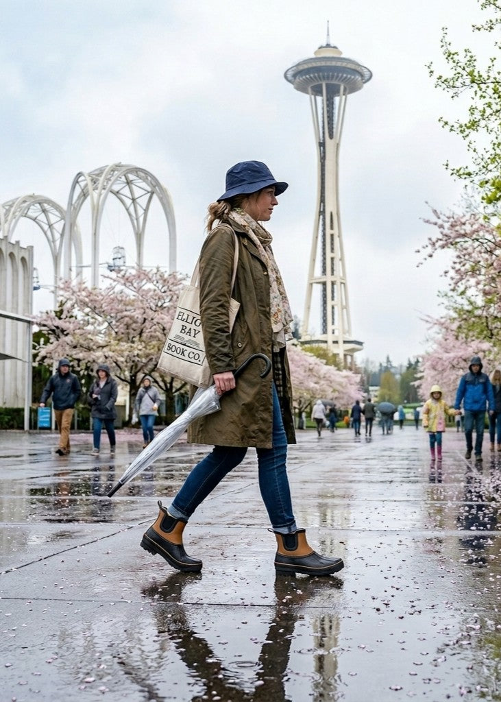 A woman walking in the rain on a city street with the Space Needle in the background, wearing an olive green coat, blue hat, beige scarf, and carrying a tote bag. contains-synthetic performers