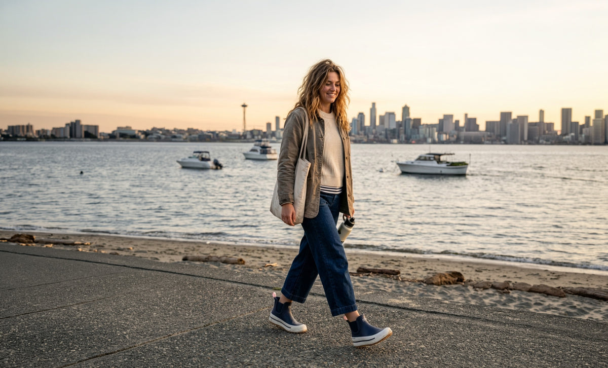 Lady walking on a sidewalk by the water of Puget Sound. contains-synthetic-performers
