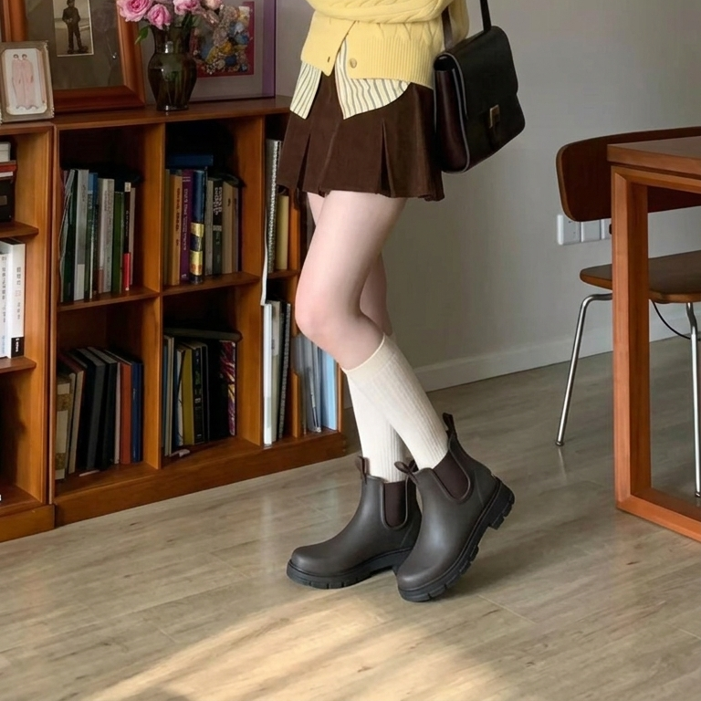 A person wearing dark brown Chelsea-style ankle boots with elastic side panels, paired with a brown pleated skirt, cream knit socks, and a yellow cardigan, standing in a room with wooden bookshelves and a table. With a synthetic human.