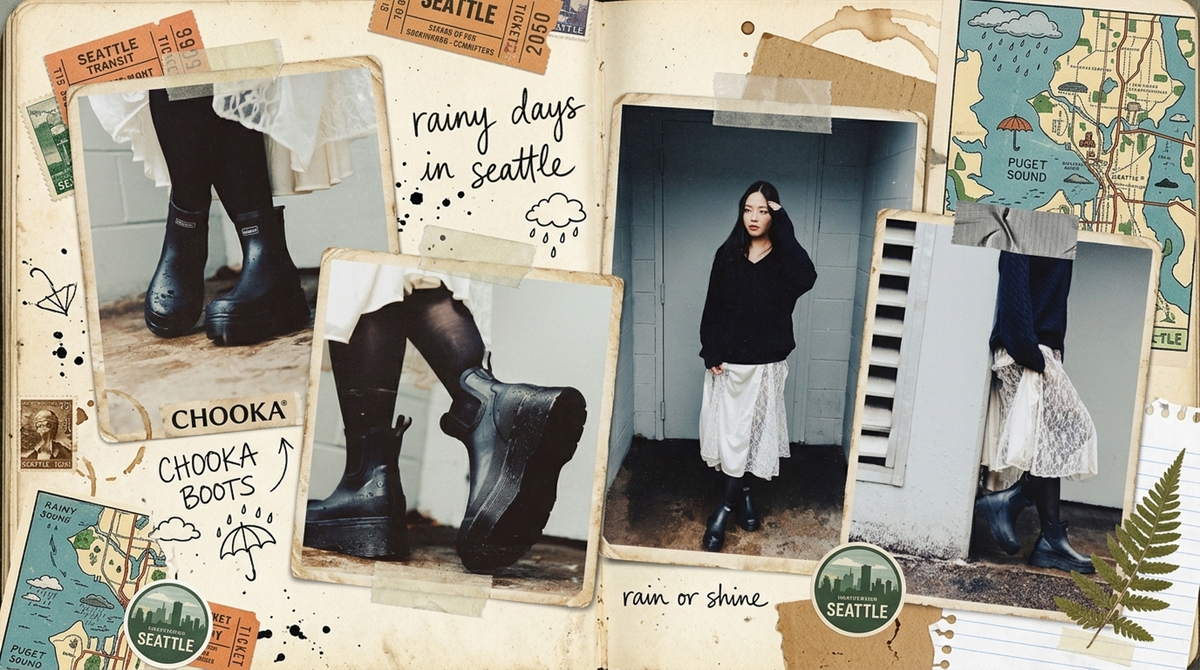 Scrapbook-style collage, ‘Rainy days in Seattle’: photos of a woman in black Chooka platform Chelsea rain boots with a white lace skirt, framed by Seattle transit tickets, stamps and a Puget Sound map. Handwritten notes read ‘Chooka boots’ and ‘rain or shine’. - contains-synthetic-performers