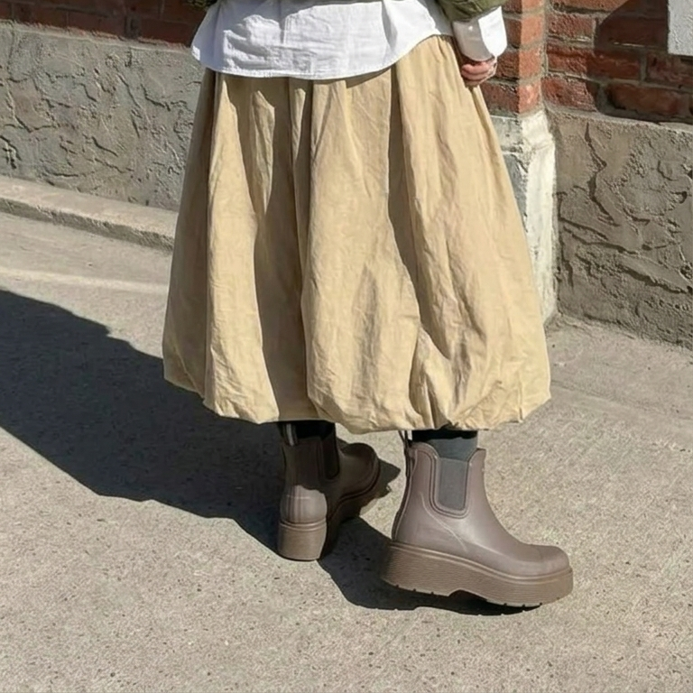 A synthetic person outdoors wearing a loose beige maxi skirt, a white shirt, and taupe Chelsea-style ankle boots with dark gray socks, standing on a paved street beside a brick and stone wall.