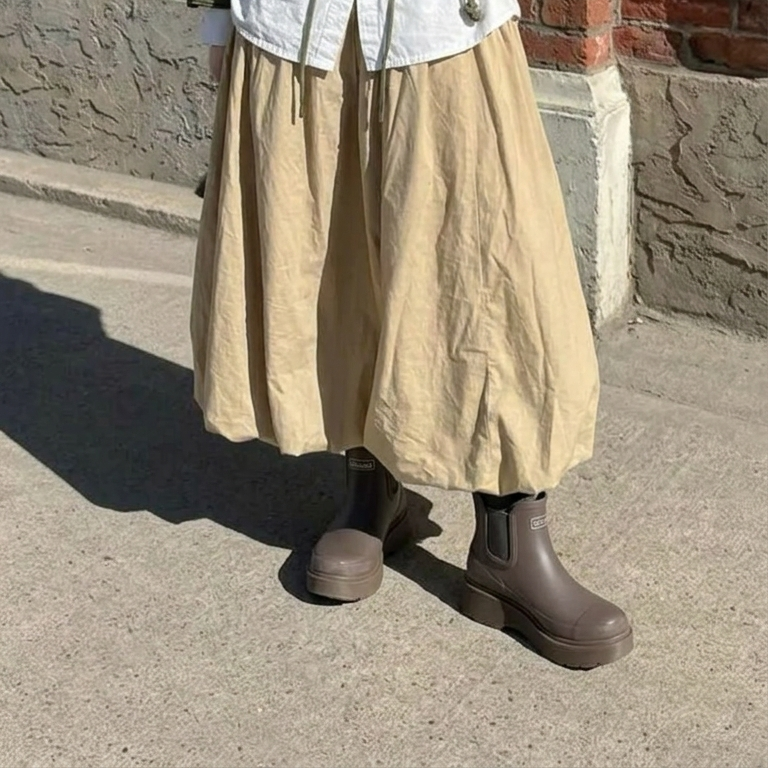 A synthetic person outdoors wearing a loose beige maxi skirt, a white button top, and taupe Chelsea-style boots on a concrete street.