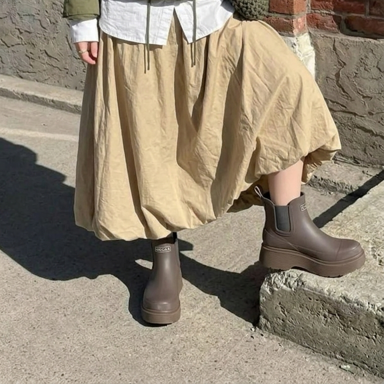 A synthetic person outdoors wearing a loose beige maxi skirt, white top, olive green jacket, and dark brown Chelsea-style platform boots with gray side panels.